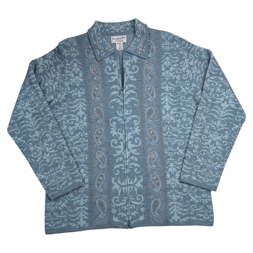 Coastal Grandma‎ Merino Wool Paisley Damask Full Zip Cardigan Sweater L